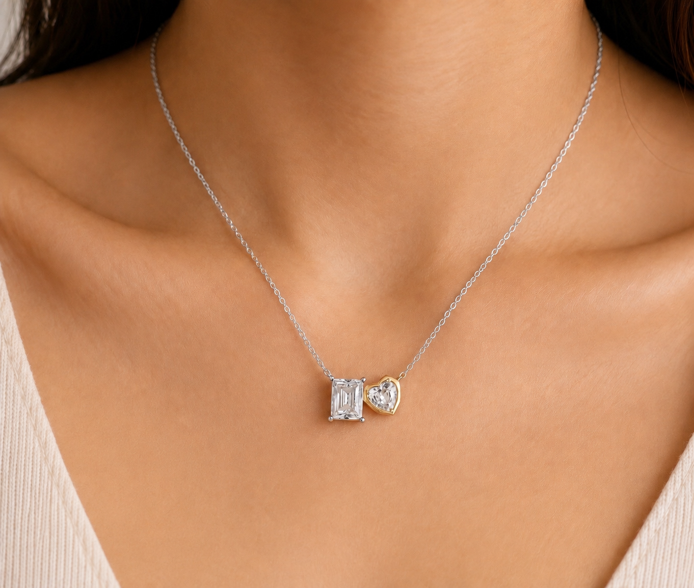 Harmony Heart & Emerald Necklace in Sterling Silver with 14K Gold