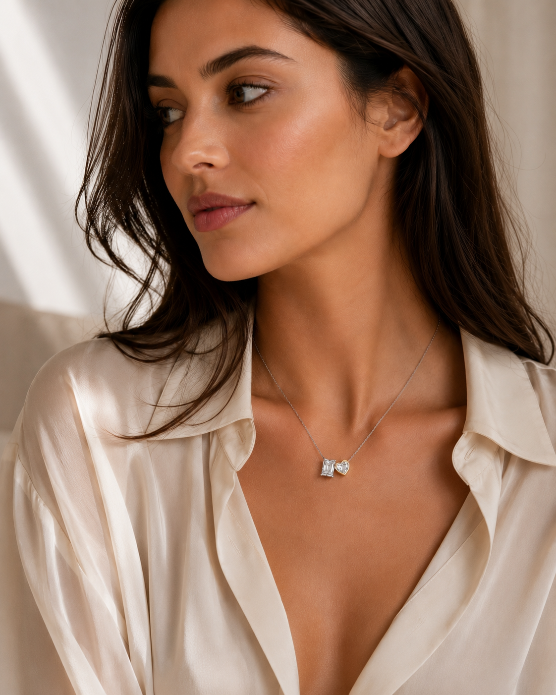 Harmony Heart & Emerald Necklace in Sterling Silver with 14K Gold