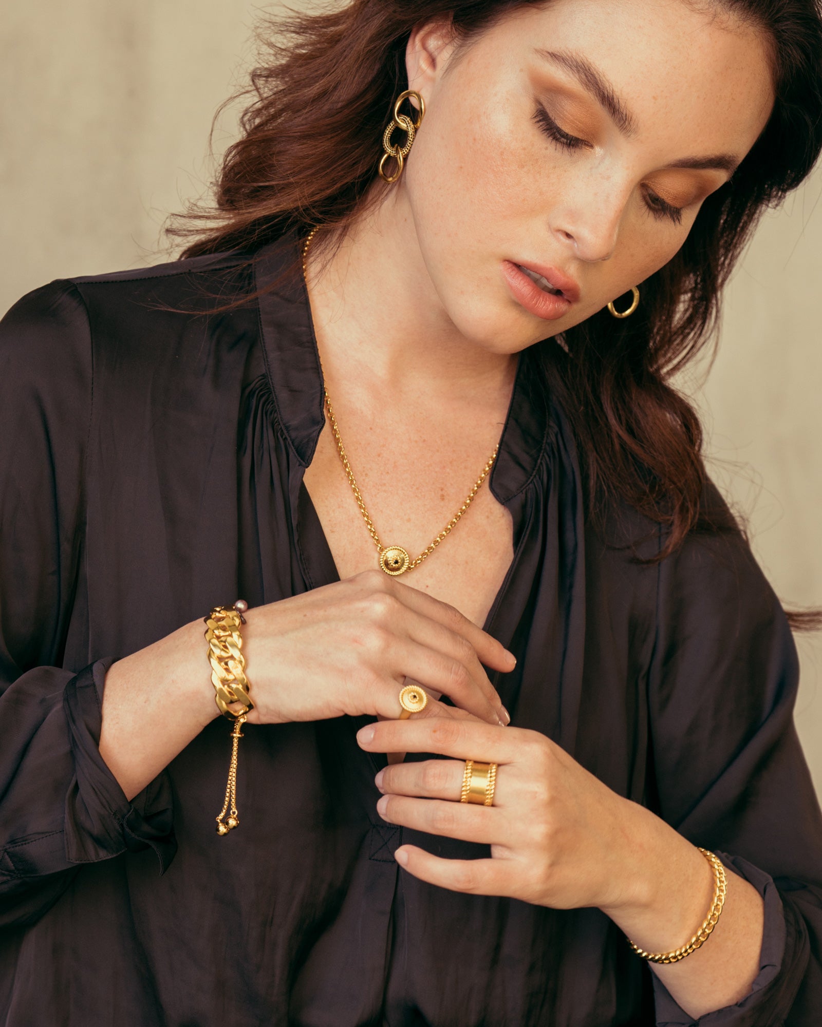 ZARUX - 20k Yellow Gold Vermeil three charms cuff with Black Onyx